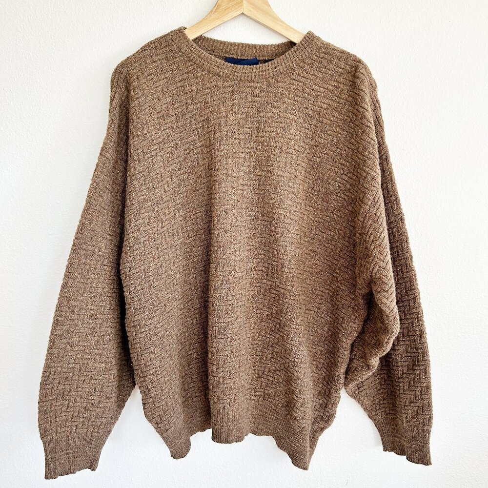 Vintage River Island Sweater Basket Weave Wool Blend Camel Tan Grandpa